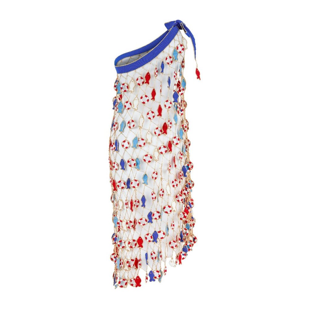 NWT My Beachy Side Poisson Knit Crochet Maxi Skirt Blue Fish Nautical Inner Tube